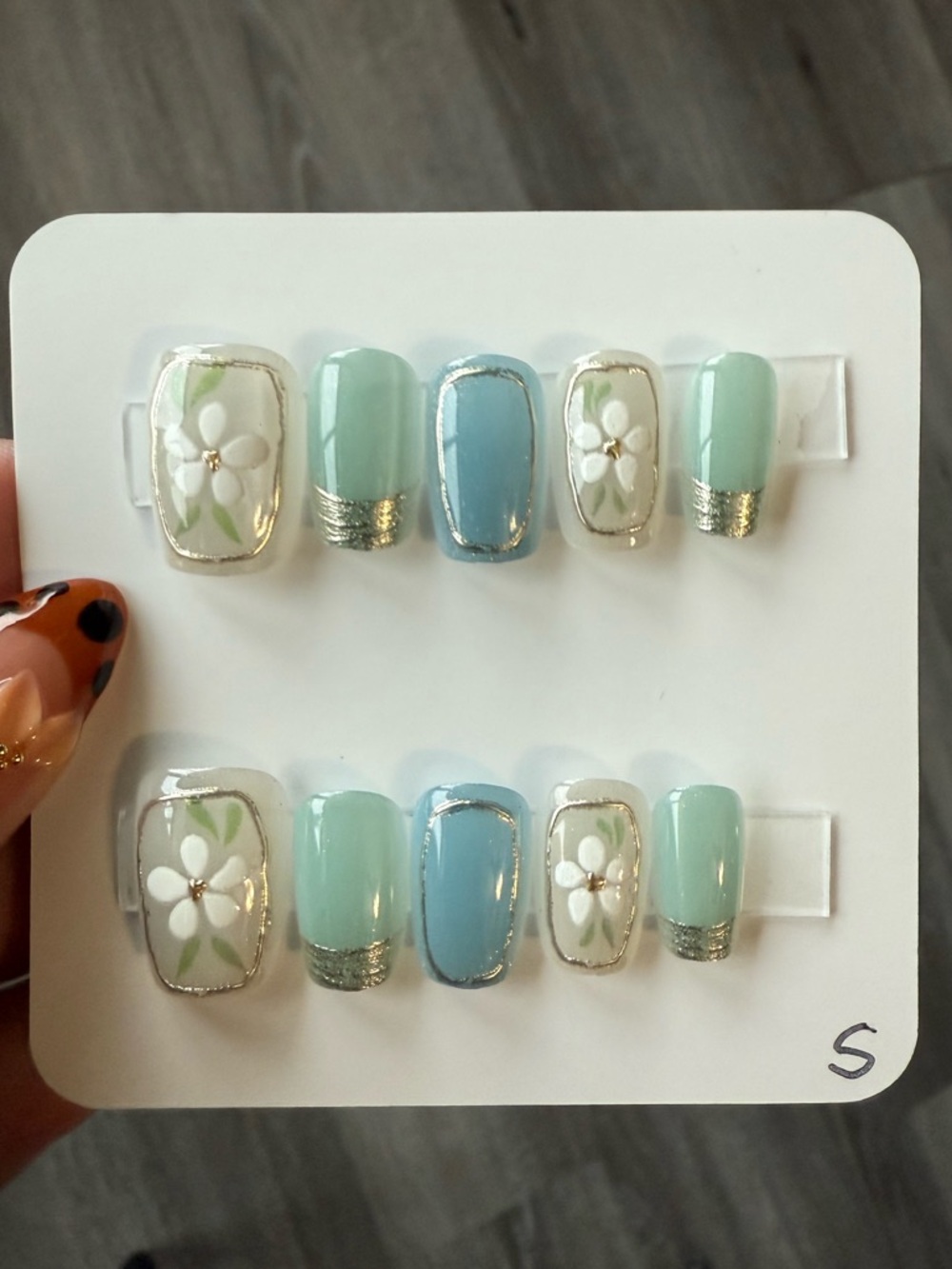 Pastel Blue & Mint Floral Press-On Nails with Silver Accent